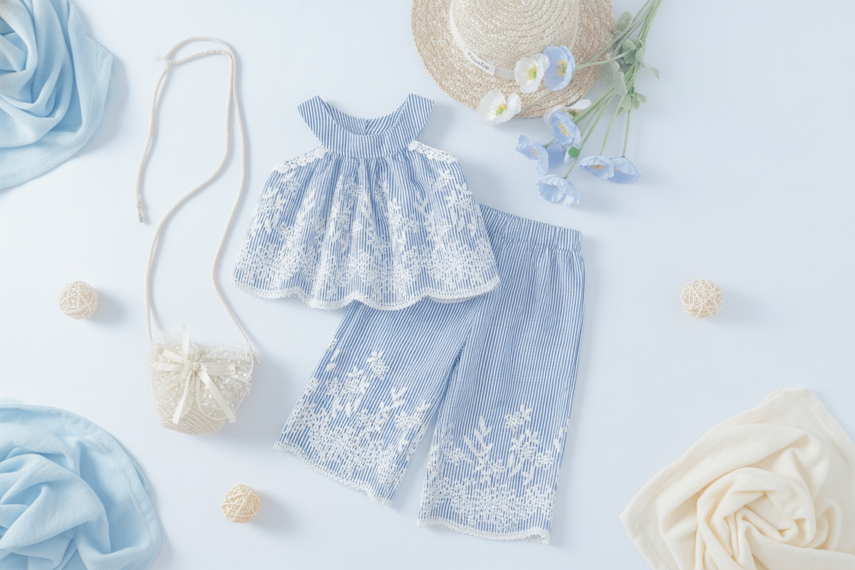 Flat lay of children's clothing from the Aurelia line in soft sky blue, pastel yellow, and cream on a white surface.