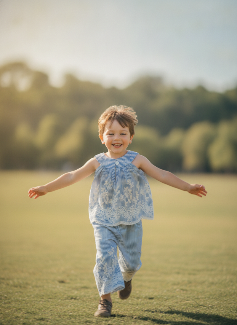 A young boy, Leo, wearing a sky blue Teabily set, runs happily through a sunlit park, reflecting comfort.