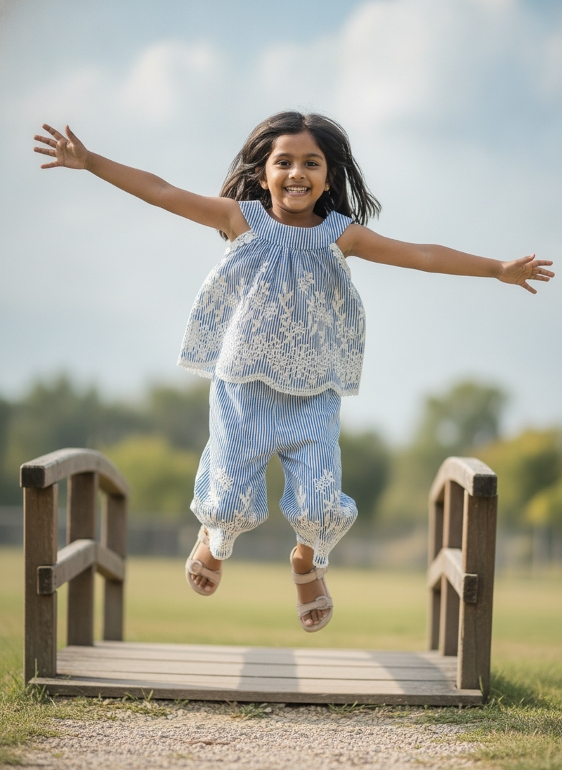 A diverse child, 4-6 years old, playing actively outdoors in a park, wearing the 