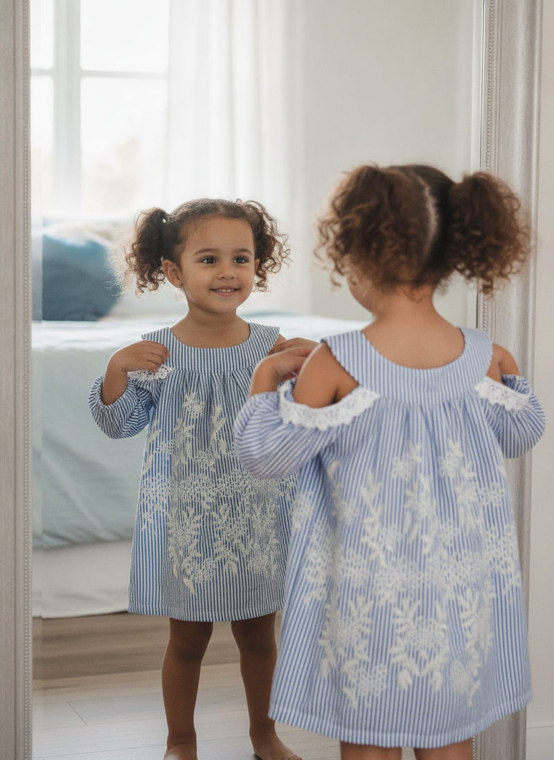 A happy preschool-aged girl in a light blue dress smiling at her reflection in a mirror, dressing herself.